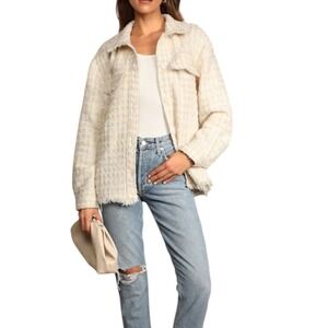 LULUS Take Notes Ivory Plaid Tweed Shacket sz XS Oversized Neutral Chic Casual